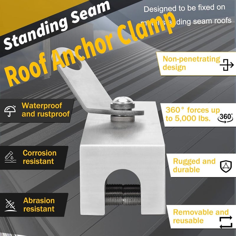 Anrain Standing Seam Roof Anchor, Roof Clamp Anchor Fall Protection Kit, 360° Swivel Non-Penetrating Design, 5000lbs Strength, Lightweight Aluminum, OSHA Compliant for Metal Roofs - Image 5